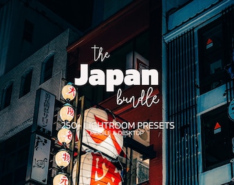 May include: A digital graphic featuring the text 'the Japan bundle' and '250+ LIGHTROOM PRESETS MOBILE & DESKTOP' overlaid on a night scene of a Japanese street with illuminated paper lanterns and building signage in blue and red tones.
