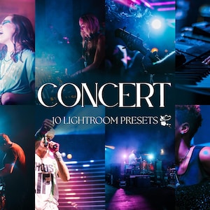 以下が含まれることがあります： ステージで演奏するミュージシャンをフィーチャーしたコンサートの画像のコラージュ。画像の中央に「CONCERT 10 LIGHTROOM PRESETS」というテキストが表示されています。