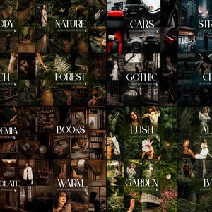 May include: A collage of images with text overlays, showcasing various photography themes. Themes include "Moody," "Nature," "Cars," "Street," "Rich," "Forest," "Gothic," "City," "Academia," "Books," "Lush," "Aloe," "Chocolate," "Warm," "Garden," and "Bali."