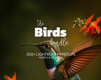 Może przedstawiać: Żywy obraz przedstawiający kolibra w locie, z opalizującymi zielonymi i niebieskimi piórami oraz rozłożonymi skrzydłami. Tekst "the Birds bundle" jest wyświetlany na biało, wraz z "250+ Lightroom Presets" i "Mobile & Desktop". Pomarańczowe kwiaty w tle.