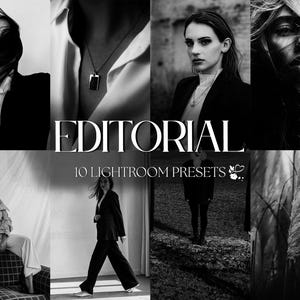 Peut inclure: Un collage de photos en noir et blanc mettant en scène des personnes et la nature. Le texte "EDITORIAL 10 LIGHTROOM PRESETS" est au centre de l'image.