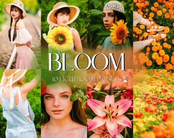 10 ajustes preestablecidos de BLOOM Lightroom (móviles y de escritorio): ajustes preestablecidos de retrato, ajustes preestablecidos de exteriores naturales, ajustes preestablecidos de naturaleza, ajustes preestablecidos de brillo cálido y ajustes preestablecidos de primavera.
