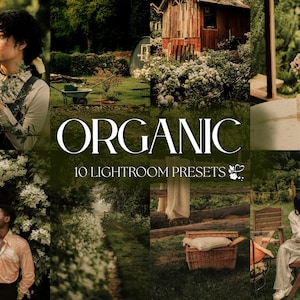 Op de afbeelding: Een set van 10 Lightroom-presets genaamd "Organic" voor het bewerken van foto's. De presets zijn ontworpen om foto's een warme, natuurlijke en organische uitstraling te geven. De afbeelding toont een verscheidenheid aan foto's die zijn bewerkt met de presets, waaronder foto's van bloemen, natuur en mensen.