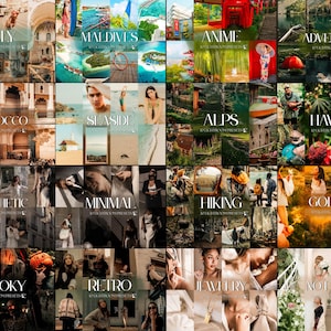 May include: A digital collage of twenty distinct photography themes including Italy, Maldives, Anime, Adventure, Morocco, Seaside, Alps, Hawaii, Aesthetic, Minimal, Hiking, Golden, Spooky, Retro, Jewelry, and No Filter, each labeled with text.