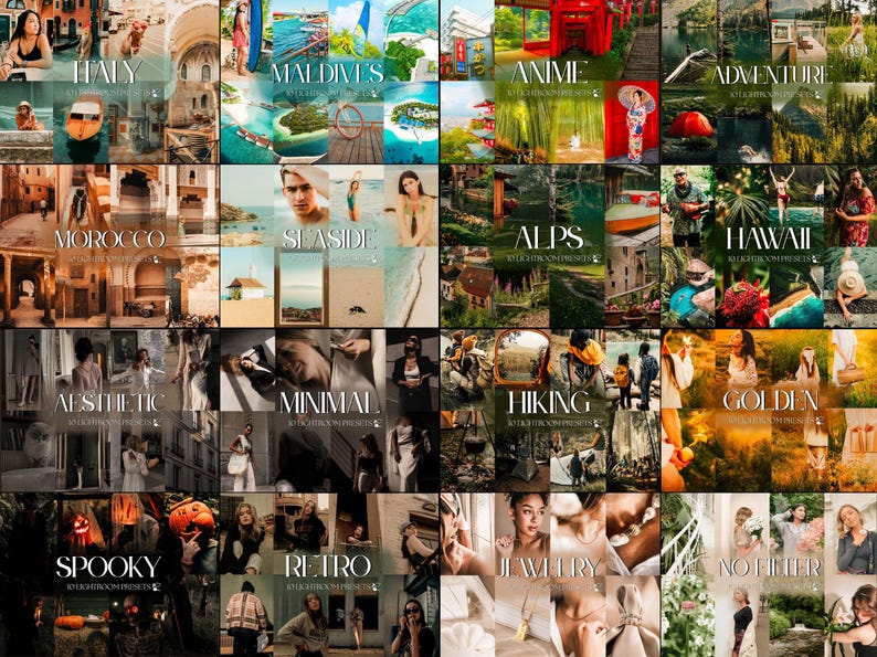 May include: A digital collage of twenty distinct photography themes including Italy, Maldives, Anime, Adventure, Morocco, Seaside, Alps, Hawaii, Aesthetic, Minimal, Hiking, Golden, Spooky, Retro, Jewelry, and No Filter, each labeled with text.