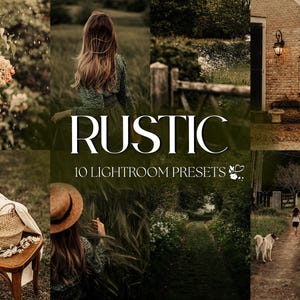 May include: A collage of images with a rustic theme. The word "RUSTIC" is displayed in large white letters. The text "10 LIGHTROOM PRESETS" is below. The images include a person in a field, a wooden chair, and a brick building.