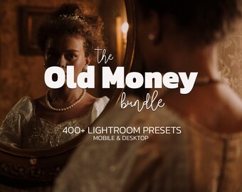 May include: An image featuring a woman in a vintage dress reflected in a mirror. The text overlay reads "The Old Money bundle" with "400+ Lightroom Presets" and "Mobile & Desktop" below.