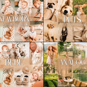 May include: A collage of images featuring babies, pets, and outdoor scenes. The word "NEWBORN" is displayed in the top left, "PETS" in the top right, "BEBE" in the bottom left, and "ANALOG" in the bottom right. The images have a warm, sepia-toned aesthetic.