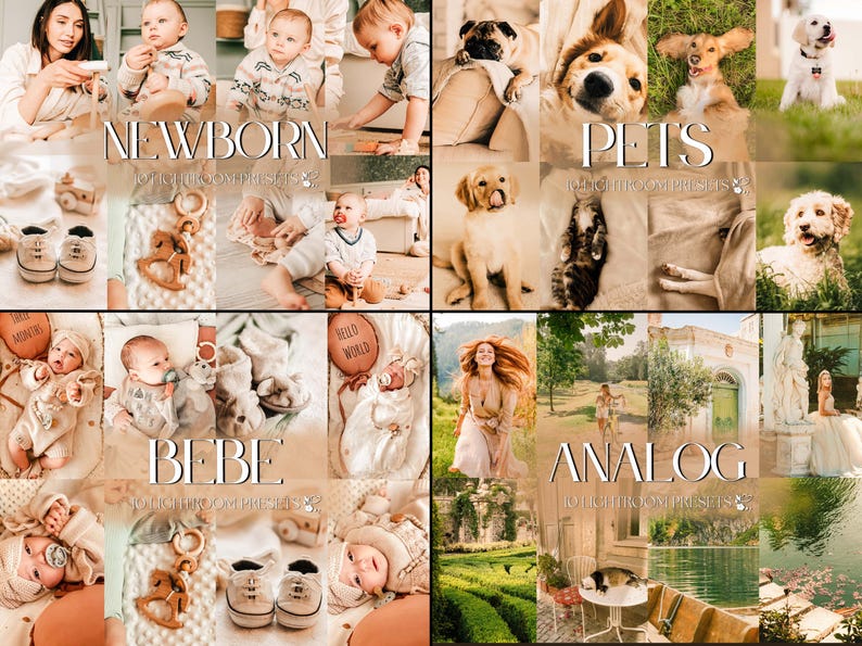 May include: A collage of images featuring babies, pets, and outdoor scenes. The word "NEWBORN" is displayed in the top left, "PETS" in the top right, "BEBE" in the bottom left, and "ANALOG" in the bottom right. The images have a warm, sepia-toned aesthetic.