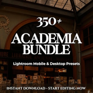 May include: A graphic design product listing for a Lightroom mobile and desktop preset bundle called "Academia Bundle" with over 350 presets. The image shows a vintage bookstore interior with bookshelves and a sign that reads "RELIURE LIBRAIRIE ANCIENNE MODERNE".