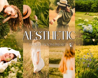 May include: A set of 10 Lightroom presets called "Aesthetic" for editing photos. The presets are designed to give photos a soft, dreamy, and vintage look. The image shows several examples of how the presets can be used to edit photos.