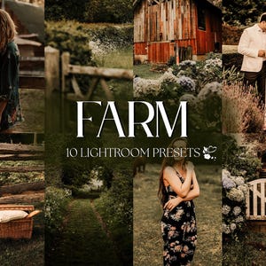 Könnte beinhalten: Eine Collage von Bildern, die eine rustikale Farmkulisse zeigen. Die Bilder zeigen eine Holzscheune, eine Frau in einem Blumenkleid, ein Paar, das auf einem Feld steht, und einen Weg, der durch einen üppigen grünen Wald führt. Der Text "FARM 10 LIGHTROOM PRESETS" wird in der Mitte der Collage angezeigt.