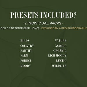 Pode incluir: Fundo verde escuro com texto branco. O texto diz "PRESETS INCLUDED?" e lista 12 pacotes individuais para dispositivos m&oacute;veis e desktop, projetados por um fot&oacute;grafo profissional. Os pacotes incluem temas como Birds, Nature e Rustic.