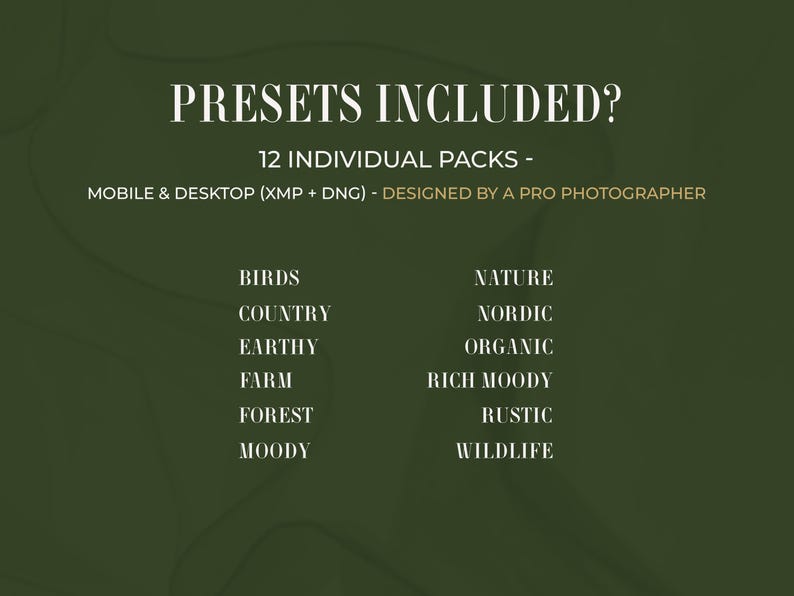 Pode incluir: Fundo verde escuro com texto branco. O texto diz "PRESETS INCLUDED?" e lista 12 pacotes individuais para dispositivos m&oacute;veis e desktop, projetados por um fot&oacute;grafo profissional. Os pacotes incluem temas como Birds, Nature e Rustic.
