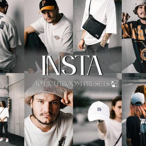 Peut inclure: Un collage d'images mettant en scène des personnes portant différents vêtements, dont un t-shirt blanc avec le texte "Just Win Baby! Raiders", un t-shirt blanc avec un motif graphique, un t-shirt blanc avec un sac bandoulière noir et un t-shirt noir et jaune avec le texte "Michigan". Le texte "INSTA 10 LIGHTROOM PRESETS" est affiché au centre du collage.