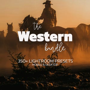 Może przedstawiać: Cyfrowa grafika produktu zatytułowana The Western bundle zawierająca 350+ LIGHTROOM PRESETS MOBILE & DESKTOP. Obraz przedstawia sylwetkę osoby w kowbojskim kapeluszu jadącej konno wśród stada koni podczas złotego zachodu słońca.