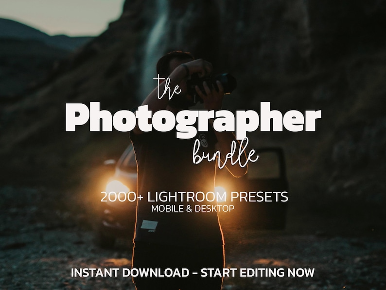 May include: The Photographer Bundle graphic with text overlay. The text includes "The Photographer bundle", "2000+ Lightroom Presets", and "Instant Download - Start Editing Now". A person is holding a camera in front of a car.
