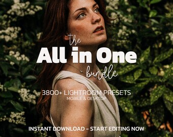 May include: Image featuring a woman with auburn hair, looking upwards, with text overlay: "The All in One bundle." The text also includes "3800+ Lightroom Presets" and "Instant Download - Start Editing Now."