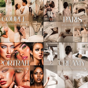 May include: A collage of images with the words "COUPLE", "PARIS", "PORTRAIT", and "CREAMY" overlaid. The images feature couples, portraits, and scenes with a soft, warm aesthetic. The text "10 LIGHTROOM PRESETS" is also visible.