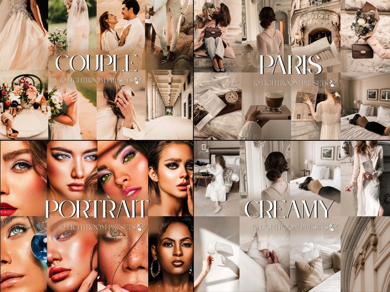 May include: A collage of images with the words "COUPLE", "PARIS", "PORTRAIT", and "CREAMY" overlaid. The images feature couples, portraits, and scenes with a soft, warm aesthetic. The text "10 LIGHTROOM PRESETS" is also visible.