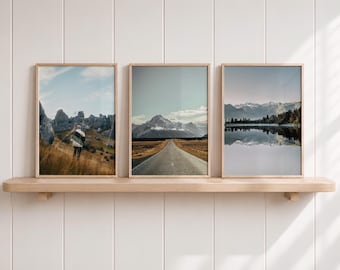 3 Piece Wall Art Set, New Zealand Landscape Photography, Empty Road to Mount Cook, Triptych