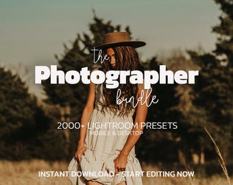 Puede incluir: Imagen de una persona con sombrero y vestido, con el texto "The Photographer bundle" en blanco. El texto adicional dice "2000+ Lightroom Presets" y "Instant Download - Start Editing Now."