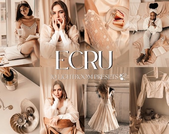 10 ajustes preestablecidos de Lightroom ECRU (móviles y computadoras de escritorio): ajuste cálido, ajuste de lujo, ajustes editoriales, ajustes para interiores, ajuste de retrato y ajuste cremoso.