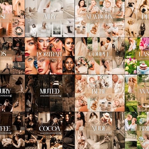 May include: A digital collage of photography presets featuring sixteen distinct themes labeled Rose, Airy, Newborn, Pets, 90s, Portrait, Couple, Easter, Luxury, Muted, Bebe, Analog, Coffee, Cocoa, Nude, and Bridal, showcasing various lifestyle imagery.
