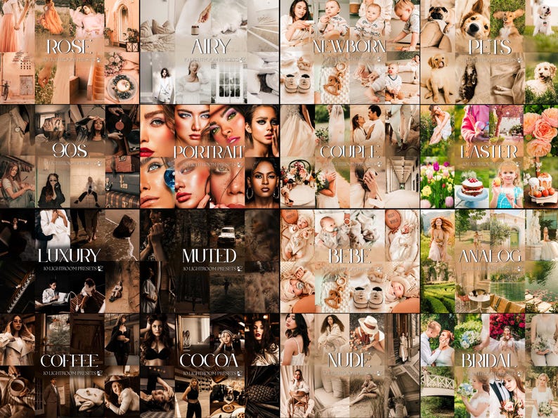 May include: A digital collage of photography presets featuring sixteen distinct themes labeled Rose, Airy, Newborn, Pets, 90s, Portrait, Couple, Easter, Luxury, Muted, Bebe, Analog, Coffee, Cocoa, Nude, and Bridal, showcasing various lifestyle imagery.