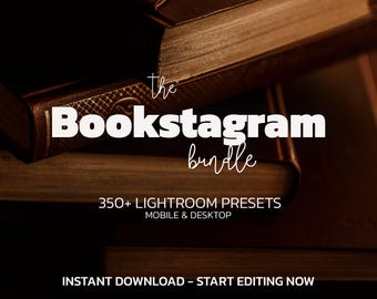 May include: Image of a stack of books with the text "the Bookstagram bundle" in white. The text "350+ Lightroom Presets" and "Mobile & Desktop" are also visible. The bottom of the image reads "Instant Download - Start Editing Now".