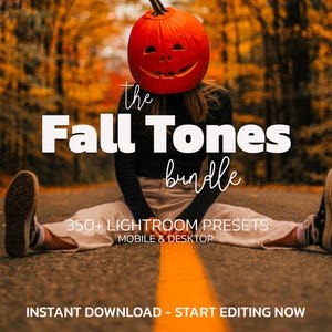 May include: A person wearing a carved pumpkin head sits on a road with the text "the Fall Tones bundle" and "350+ LIGHTROOM PRESETS MOBILE & DESKTOP". The image has an autumn theme.