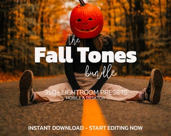 May include: A person wearing a carved pumpkin head sits on a road with the text "the Fall Tones bundle" and "350+ LIGHTROOM PRESETS MOBILE & DESKTOP". The image has an autumn theme.