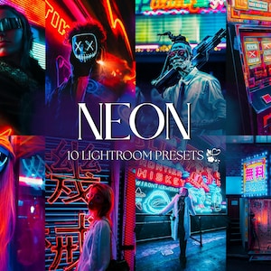 May include: A collection of images with a neon theme. The word "NEON" is displayed in large white letters. The text "10 LIGHTROOM PRESETS" is also visible. The images feature people with neon masks and futuristic eyewear, and neon signs.