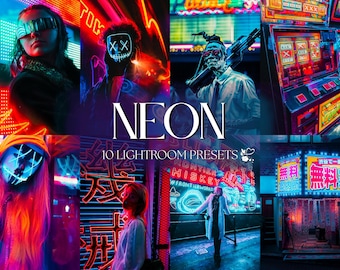 May include: A collage of images with a neon theme. The word "NEON" is displayed in large white letters. The text "10 LIGHTROOM PRESETS" is also visible. The images feature people with neon masks and futuristic eyewear, and neon signs.