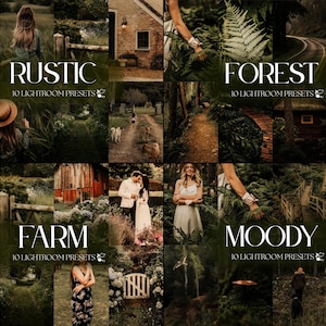 Pode incluir: Uma colagem de imagens com tema r&uacute;stico, floresta, fazenda e sombrio. Cada se&ccedil;&atilde;o apresenta uma cena diferente com elementos naturais. As sobreposi&ccedil;&otilde;es de texto dizem "RUSTIC", "FOREST", "FARM" e "MOODY", cada uma seguida por "10 LIGHTROOM PRESETS".