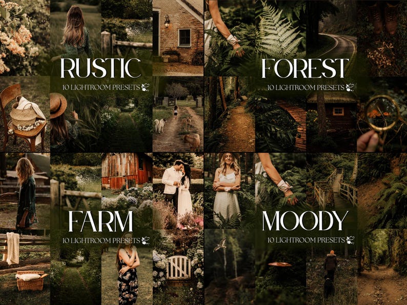 Pode incluir: Uma colagem de imagens com tema r&uacute;stico, floresta, fazenda e sombrio. Cada se&ccedil;&atilde;o apresenta uma cena diferente com elementos naturais. As sobreposi&ccedil;&otilde;es de texto dizem "RUSTIC", "FOREST", "FARM" e "MOODY", cada uma seguida por "10 LIGHTROOM PRESETS".