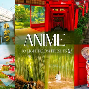 May include: A collage of images featuring Japanese architecture, a woman in a traditional kimono, and a bamboo forest. The text "ANIME 10 LIGHTROOM PRESETS" is displayed in the center of the collage.