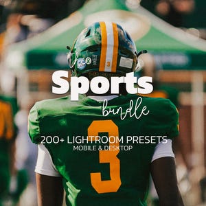 May include: A football player wearing a green jersey with the number 3 in yellow and a green helmet with a yellow stripe. The text reads: the Sports bundle 200+ LIGHTROOM PRESETS MOBILE & DESKTOP. The background shows a blurred sports field.