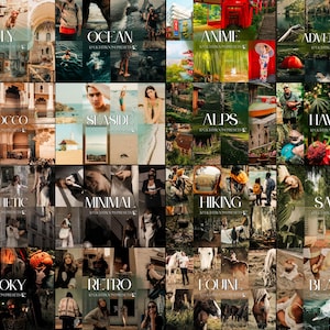 May include: A collage of images showcasing various Lightroom presets. Each image is labeled with a theme, including "Italy," "Ocean," "Anime," "Adventure," "Morocco," "Seaside," "Alps," "Hawaii," "Aesthetic," "Minimal," "Hiking," "Sage," "Spooky," "Retro," "Equine," and "Beach."