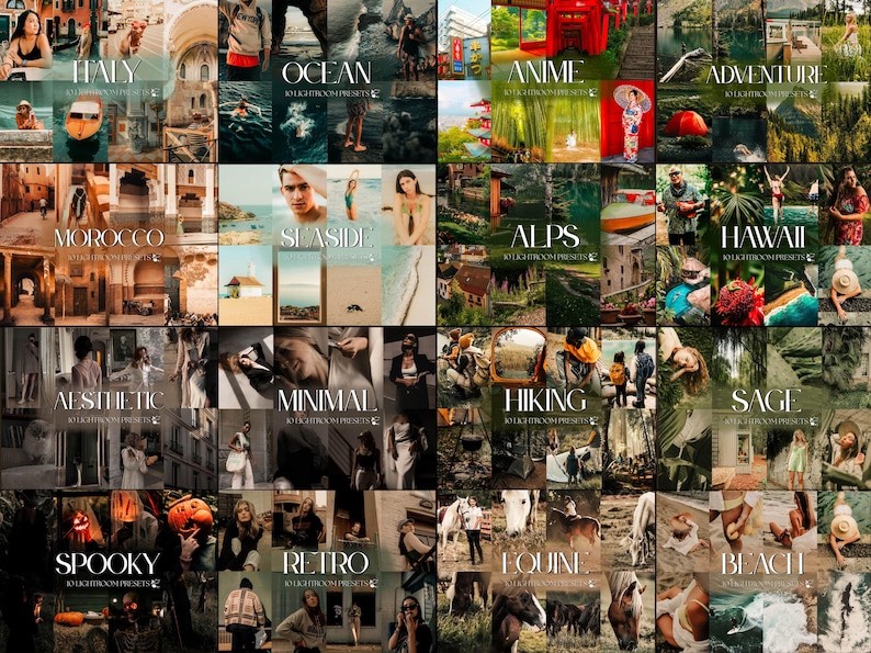 May include: A collage of images showcasing various Lightroom presets. Each image is labeled with a theme, including "Italy," "Ocean," "Anime," "Adventure," "Morocco," "Seaside," "Alps," "Hawaii," "Aesthetic," "Minimal," "Hiking," "Sage," "Spooky," "Retro," "Equine," and "Beach."
