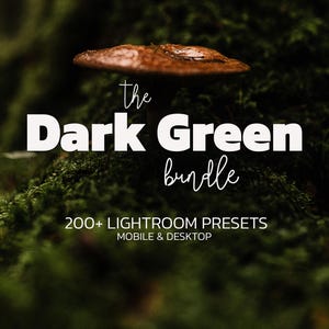 Puede incluir: Imagen con el texto "The Dark Green bundle" sobre un fondo borroso de musgo verde y una seta. También es visible el texto "200+ Lightroom Presets" y "Mobile & Desktop".