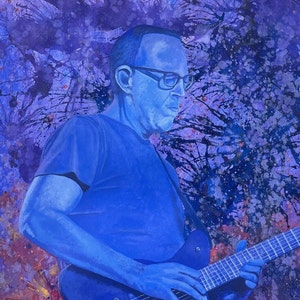 May include: A painting of a man playing a black electric guitar. He is wearing a blue shirt and glasses. The background is a purple and blue abstract design.