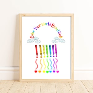 Könnte beinhalten: Gerahmter Druck mit dem Schriftzug "Color Your World Beautiful" in einem Regenbogenbogen über farbigen Buntstiften. Die Buntstifte sind rot, gelb, grün, blau und lila, mit passenden farbigen Linien und Herzen darunter.