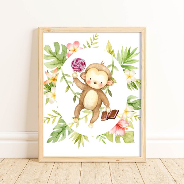 Jungle Animals Monkey Lollipop Nursery Digital Wall Art Printable (5x7) (8x10) (11x14)