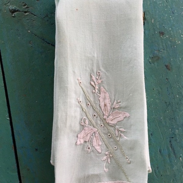 Delicatly Embroidered Handkerchief- Very Soft Pastel Blue/Green with White Detailing