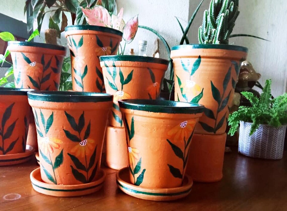 Decorative Terra Cotta Planter pots with Hand paint Green Etsy