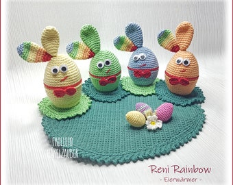 Egg cups & egg warmers - crochet pattern bunny Reni Rainbow - Easter table decoration