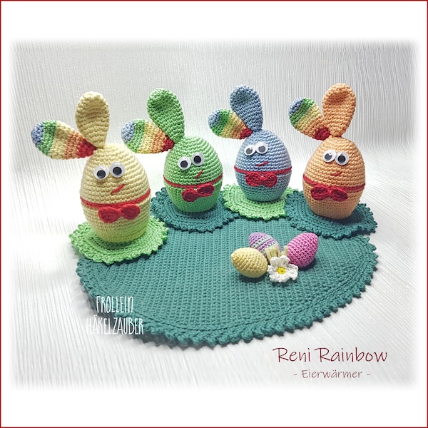 Egg cups & egg warmers - crochet pattern bunny Reni Rainbow - Easter table decoration