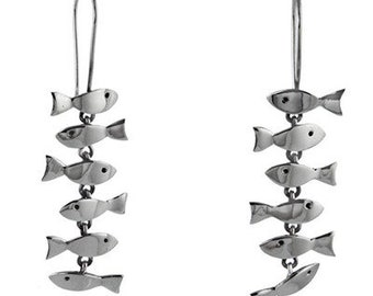 Handmade, Fair trade, Sterling Silver Pack of Swimming Sardines, Fish Drop Earrings