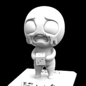 May include: White 3D printed figurine of a crying character holding a white die. The figurine is standing on a white base with the word "ISAAC" printed on it.